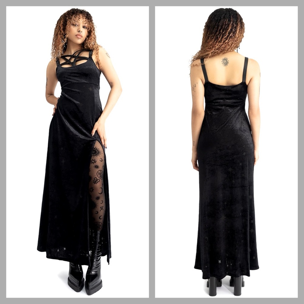 Killstar Coma Star Plus Size Black Velvet Front Slit Maxi Dress XXL NWT